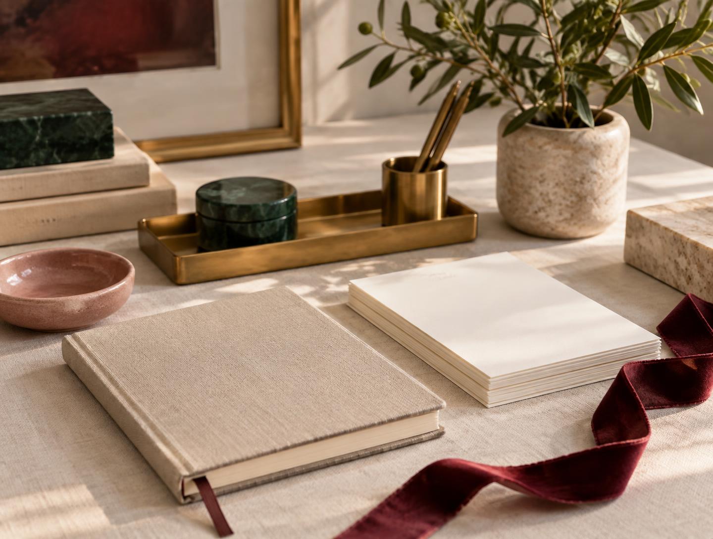 Linen notebook, blank stationery and brass tray on a sunlit ivory desk with burgundy ribbon