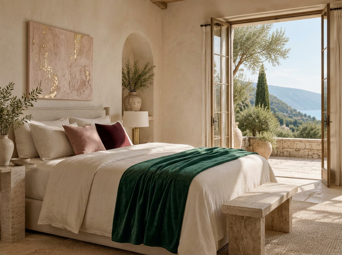 Serene linen guest bedroom with open doors overlooking greenery